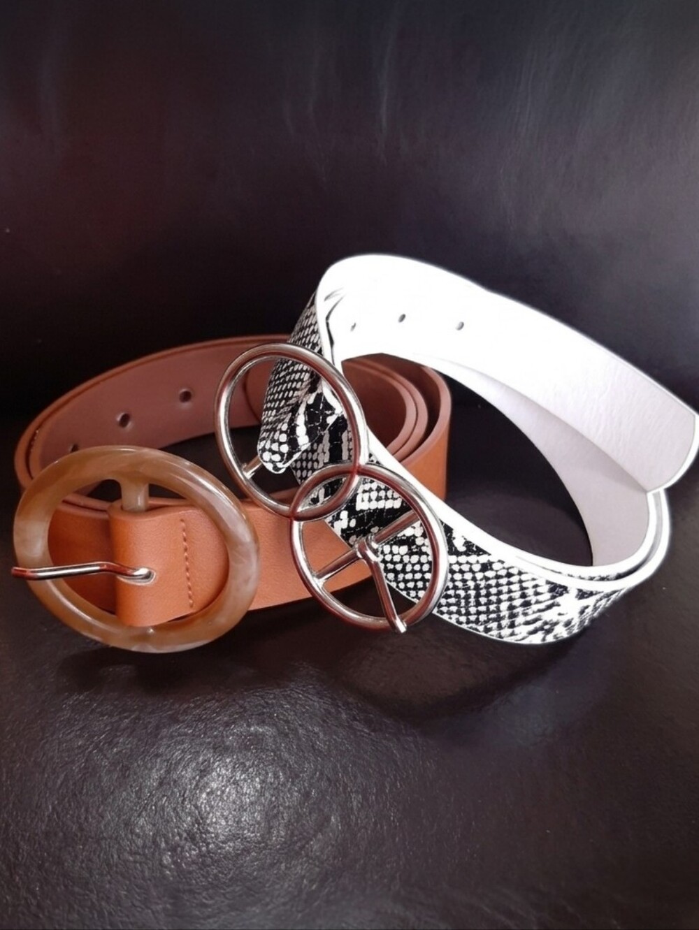 Bundle of 2 Faux Leather Belts Black White Tan Snakeskin LA Express
